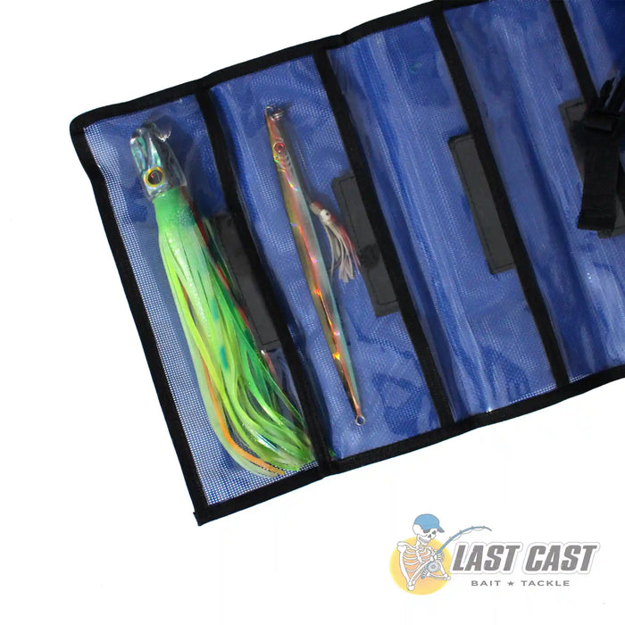 Hooker Lure Jig Storage Roll Bag with Pockets Medium open with Lures