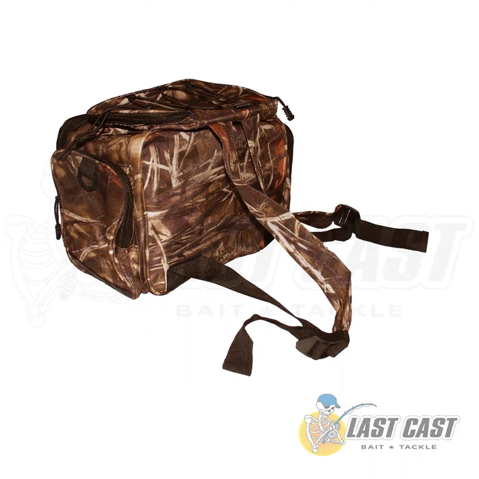 Jiggle Lure Camo Tackle Bag Backpack Back Right Angle Showing Straps