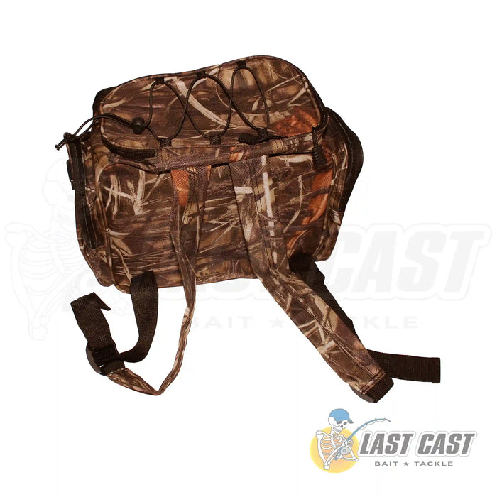 Jiggle Lure Camo Tackle Bag Backpack Back Top Right Angle Showing Straps