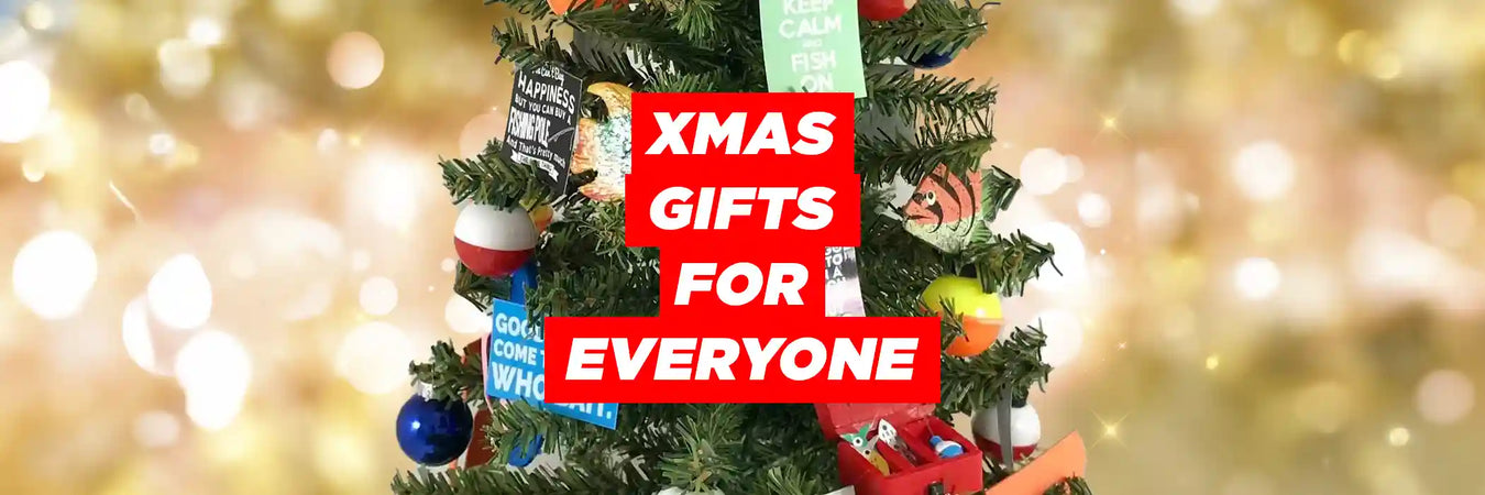 Christmas Gifts for Everyone with christmas tree in background with fishing decorations